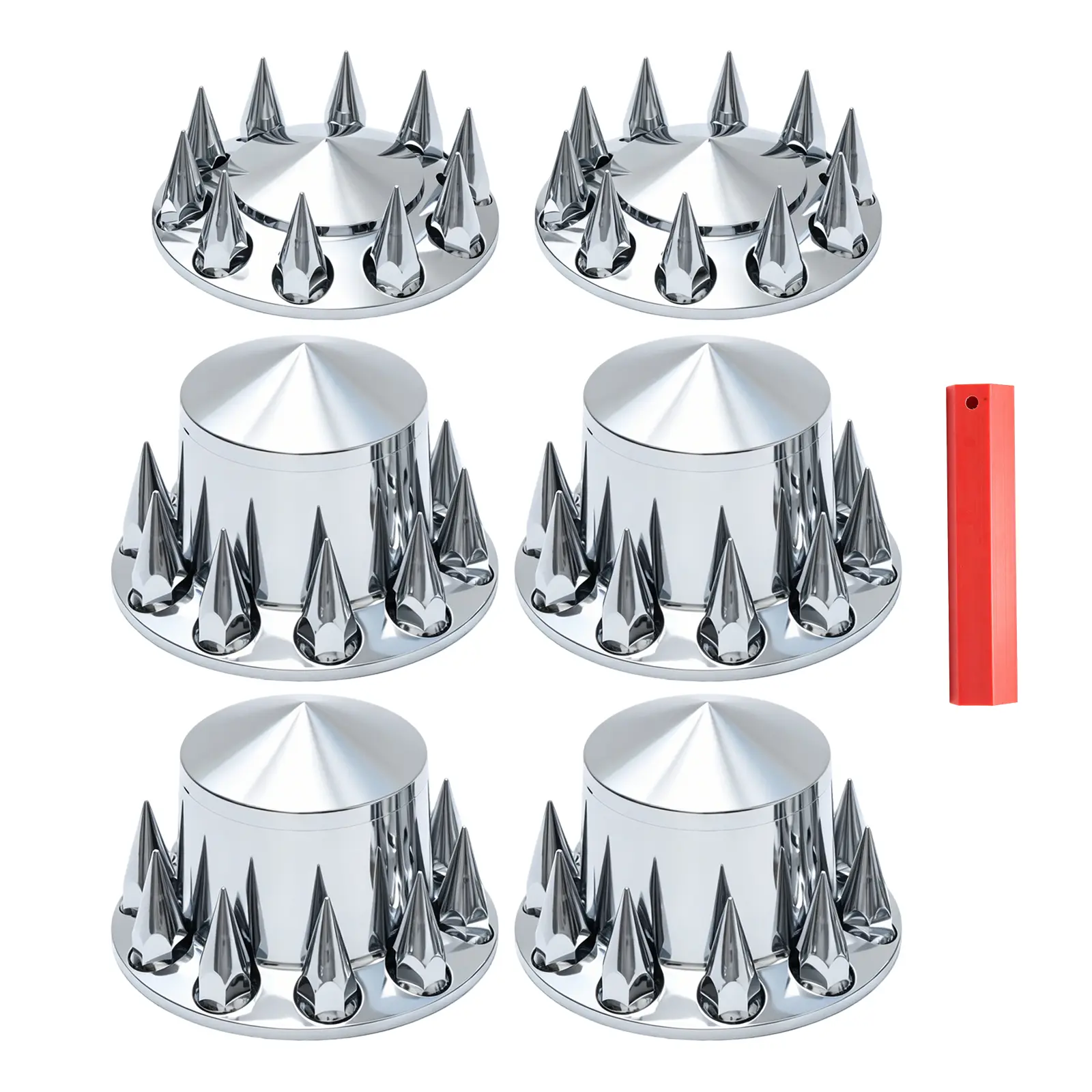 Aesthetic ABS Plastic Chrome Spiked Hub Cover Kit, 33mm 20"-22.5"-24.5" Hub Piloted Wheel Axle Parts, 2 Front & 4 Rear Trim Auto Accessories for Semi Trucks