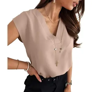 Women's V-neck Chiffon Blouse with Cap Sleeves, Casual Loose Fit for Work Office, Solid Color Top, Breathable Fabric, Soft Women's Clothing
