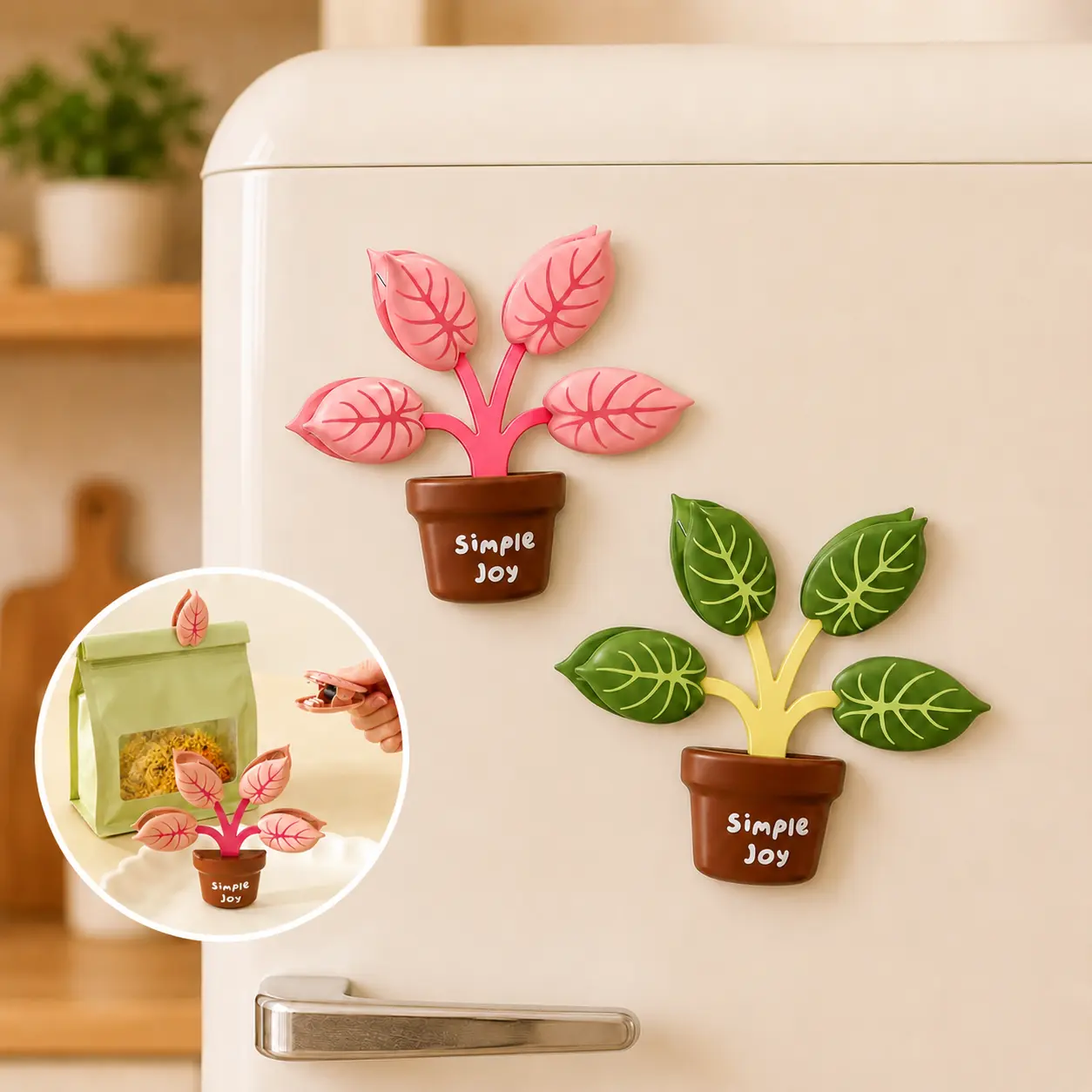 Potted Plant-Shaped Magnetic Sealing Clips, 2 Pack (8 Clips), Leaf Bag Clips with Strong Magnets for Snack Bags, Kitchen and Refrigerator Storage Decor