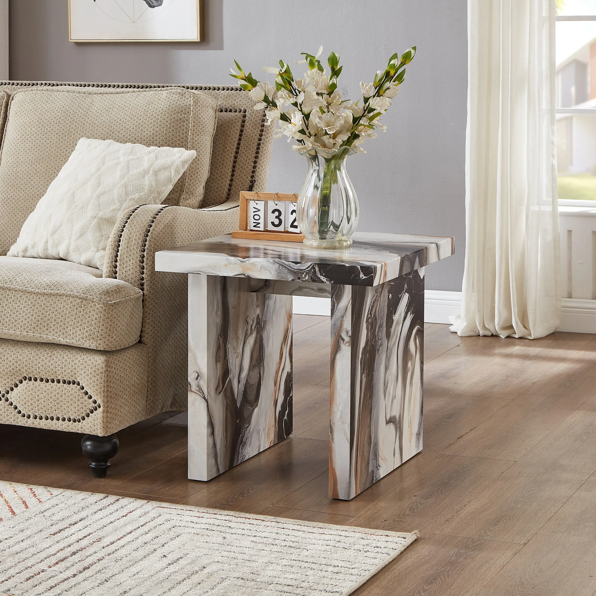 Roundhill Furniture Cavira Modern Faux Marble Living Room End/Side Table