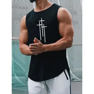 Men's Cross Print Crew Neck Tank Top, Fitted Street Style Regular Fit Casual Sleeveless Round Neck Top for Daily Outdoor Wear, Fashion Men's Clothes for All Seasons, Menswear