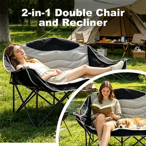 Oversized Double Camping Chair, Folding 2 Person Camping Chairs Loveseat, Fully Padded Duo Chair Camping Couch, Fold Up Double Camp Chair, Lawn Chairs, Camping Bench with Carrying Bag