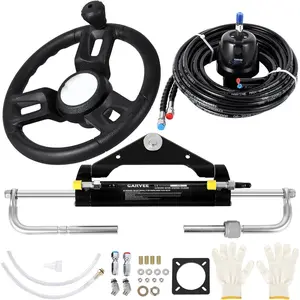 GARVEE 150HP Hydraulic Outboard Steering Kit with Bi-Directional Locking Cylinders and 26 Ft High-Strength Nylon Hose for Single Station, Single-Engine Use, with 13.5 Inches Steering Wheel