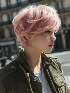 VOSILK Pixie Cut Wigs Synthetic Short Pink Pixie Haircut Wig with Bangs Glueless Layered Wig Wavy Wigs for Women