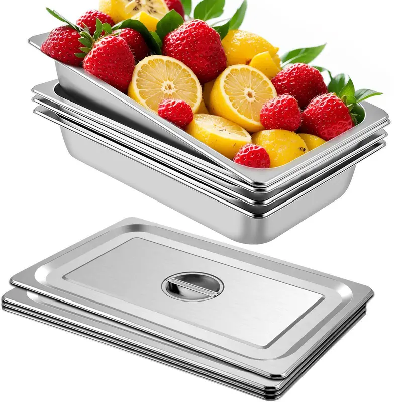 VEVOR 4-Pack Full Size Stainless Steel Steam Table Cookware Pans (21.1x13x3.7in, 13L) - Anti-Jam Containers with Cover/Lid, 3.9in Deep for Tall Dishes, Thermal Heat-Preserving, Polished Mirror Surface, Hotel Trays