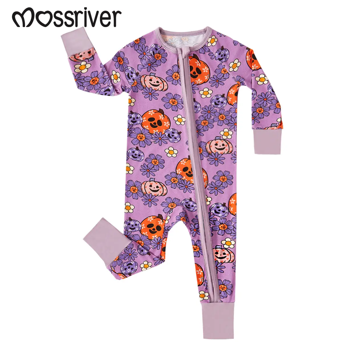 MOSSRIVER HalloweenBaby Bamboo Sleepwear - Long-Sleeve Footed Pajamas with Purple Chrysanthemum Pumpkin Print & Double Zipper - Soft, All-Season, Grea