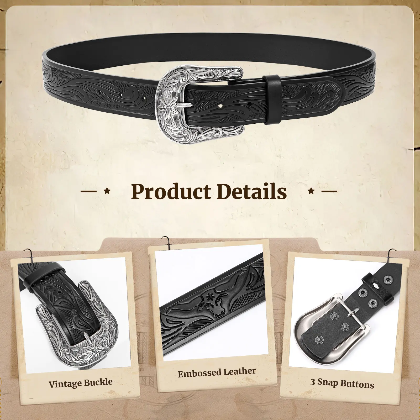 Western Cowboy Belt Engraved Leather Belt Buckle ,Vintage  display picture 2