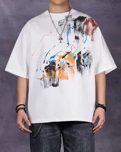Abstract Splash White Cotton Menswear Top Graphic Tshirt Streetwear Crewneck Casual Drop Shoulder Fit Bold Structure Hand Painted Layered Splashes
