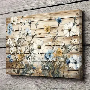 1pc Minimalist Rustic Wood Grain Wildflowers Canvas Painting Ornaments with Frame - Farmhouse Style Large Artistic Nature Style Wall Art for Living Room and Bedroom Decoration , High Definition Print Decorative Artwork, Ideal Gift for Him or Her