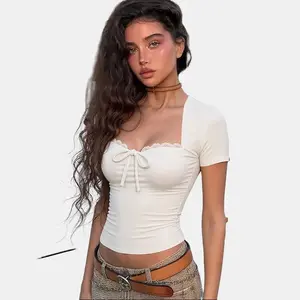 Women's Short Sleeve Square Neck Lace Trim Bow Accent Ruched Crop Top Ladies Romantic Vibe 2026 Spring Summer New Arrival Slim Fit Solid Color Dating Outfit Tops