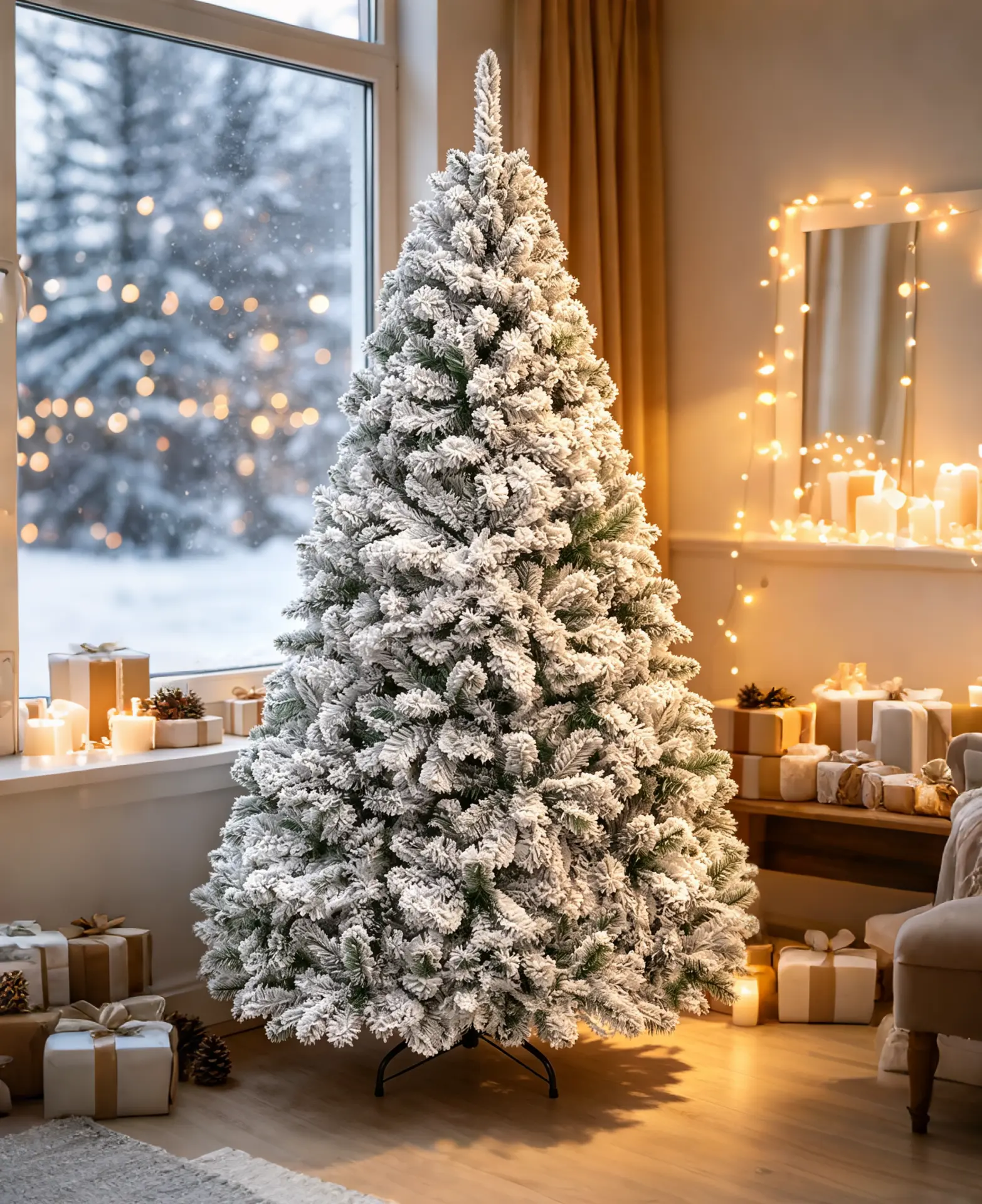7ft / 8ft Artificial Flocked Christmas Tree, Premium Unlit Green Pine Holiday Xmas Decor, Full Dense Branches, Metal Stand for Indoor Home Party