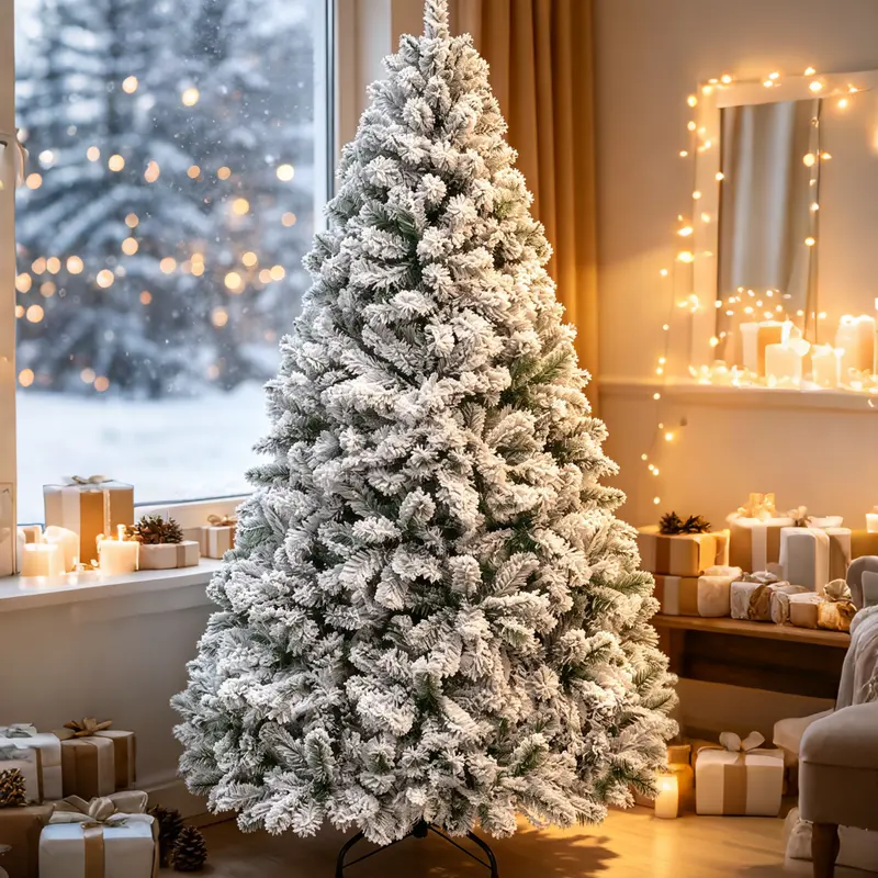 7ft / 8ft Artificial Flocked Christmas Tree, Premium Unlit Green Pine Holiday Xmas Decor, Full Dense Branches, Metal Stand for Indoor Home Party