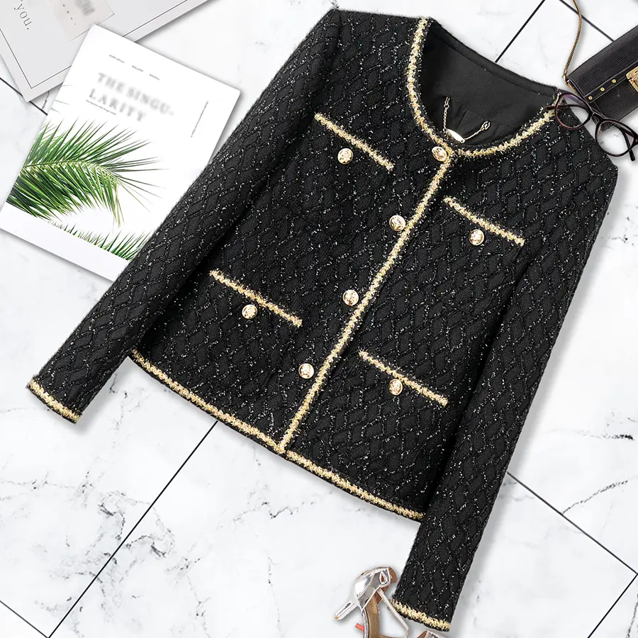 DUSHE Women's Fitted Plaid Diamond Pattern Tweed Jacket - Gold-Trim Round Neck, Long-Sleeves, Button Closure Outerwear Coat for Women's Tops