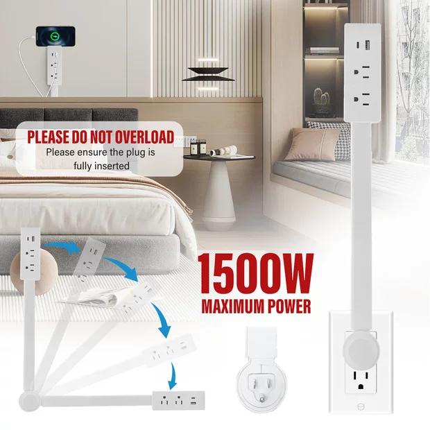 Electrical Outlet Extender Stick - Power Socket Expander, 180° Rotatable Outlet for Hard to Reach Areas, with USB-A, USB-C & 2 AC Outlets, Perfect for Behind Couches, Nightstands & Desks