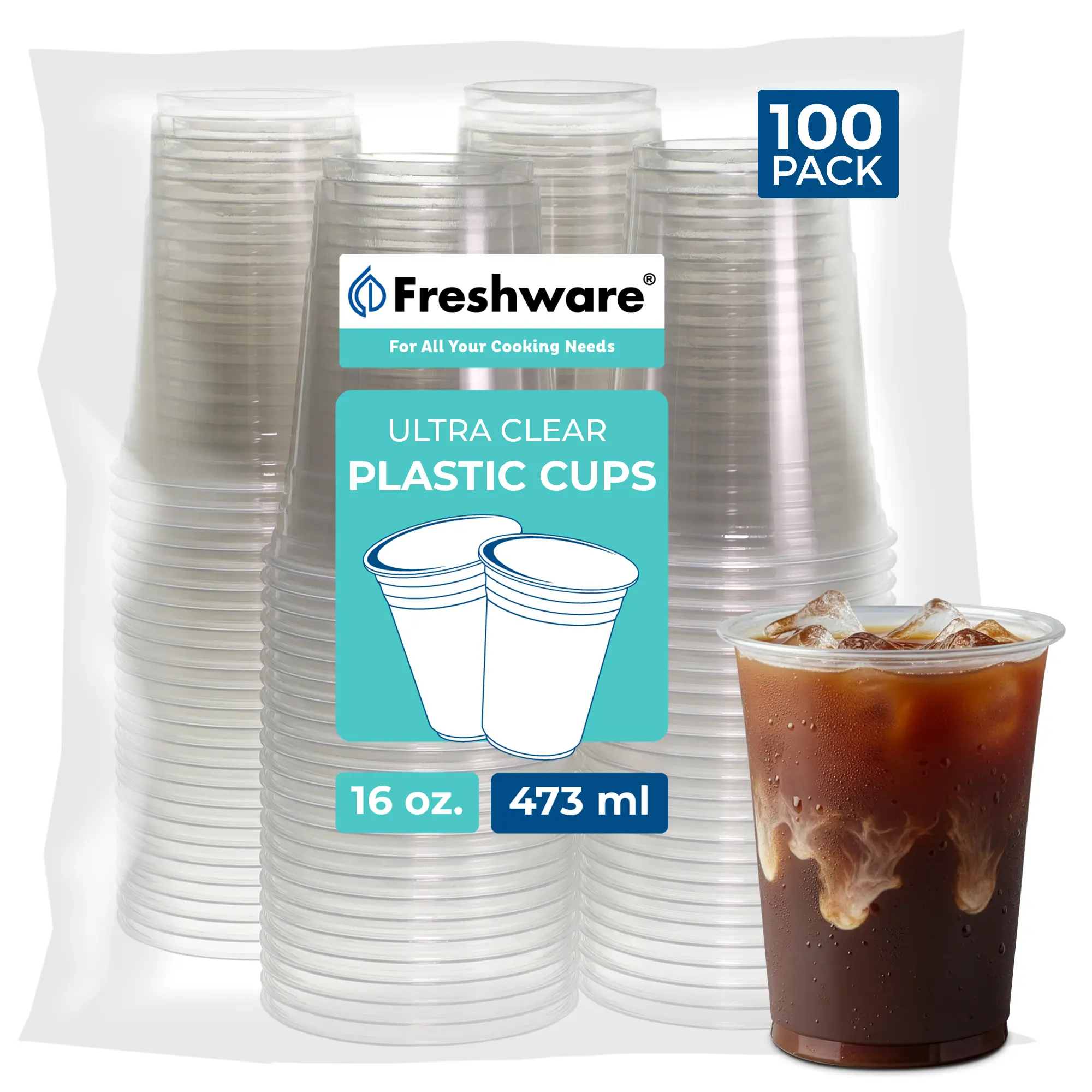 FRESHWARE 100 Pcs Crystal Plastic Cups, Lightweight Heavy-Duty BPA-Free Disposable Cups for Cold Drinks, Bonfire & Ceremony Events, Home & Party Tableware Supplies