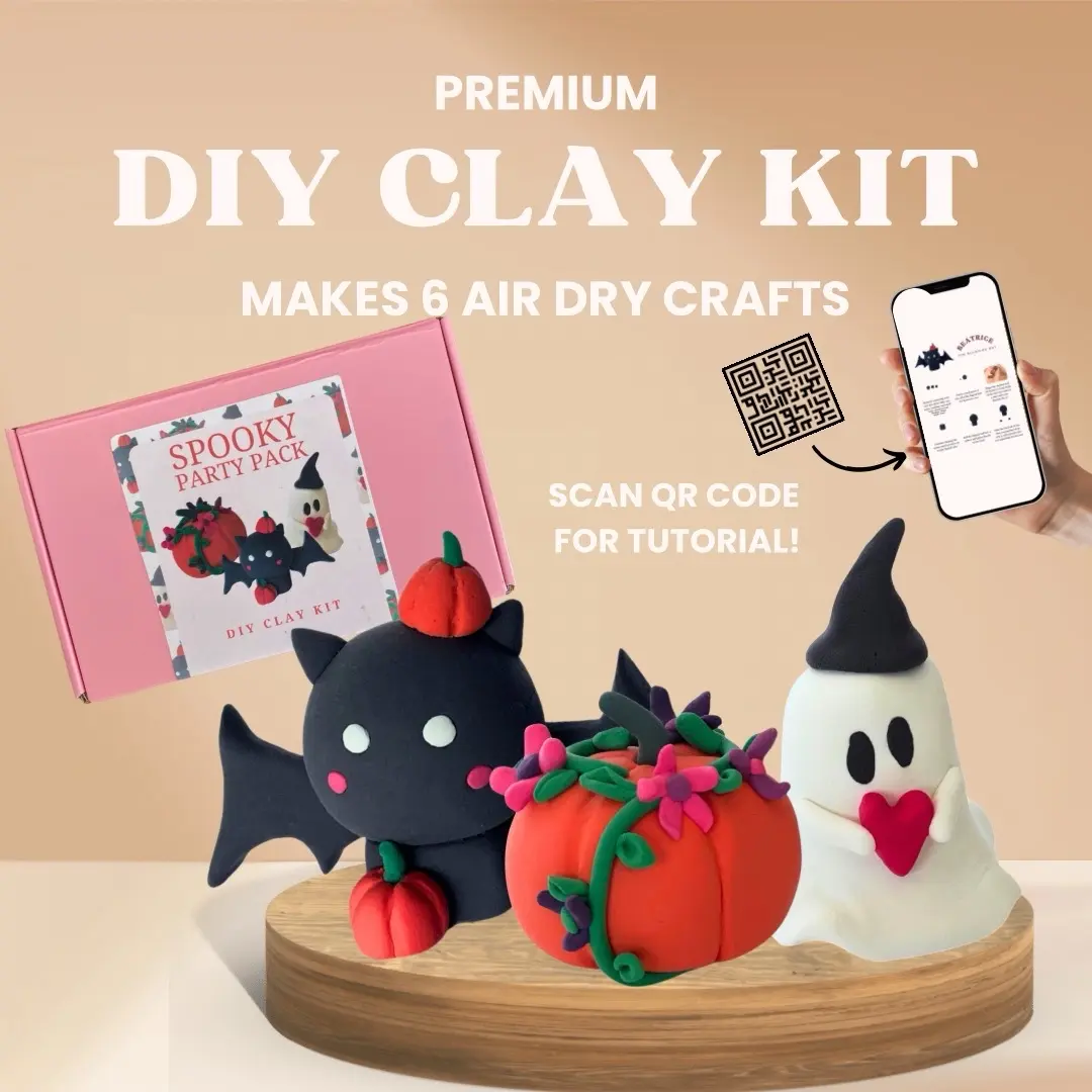 Halloween DIY clay kit with instructions - Blooming Pumpkin, Beatrice the Bat, & Gigi the Ghost