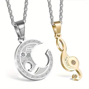 2pcs Fashion Art Music Symbol Splicing Pendant Stainless Steel Men's and Women's Necklace, Anniversary Birthday Gift Jewelry for Good Friends Lovers and Family Cubic Zirconia