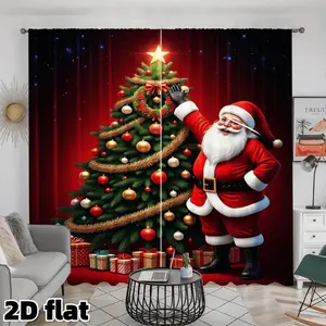 2D Flat 2Pcs Christmas Tree Santa Print Curtains Rod Pocket Design Festive Holiday Pattern Semi Sunshade Polyester Treatment Red Background Decorative Panels Modern Elegant Decoration for Living Room Bedroom Kitchen Window Decor Seasonal Gift