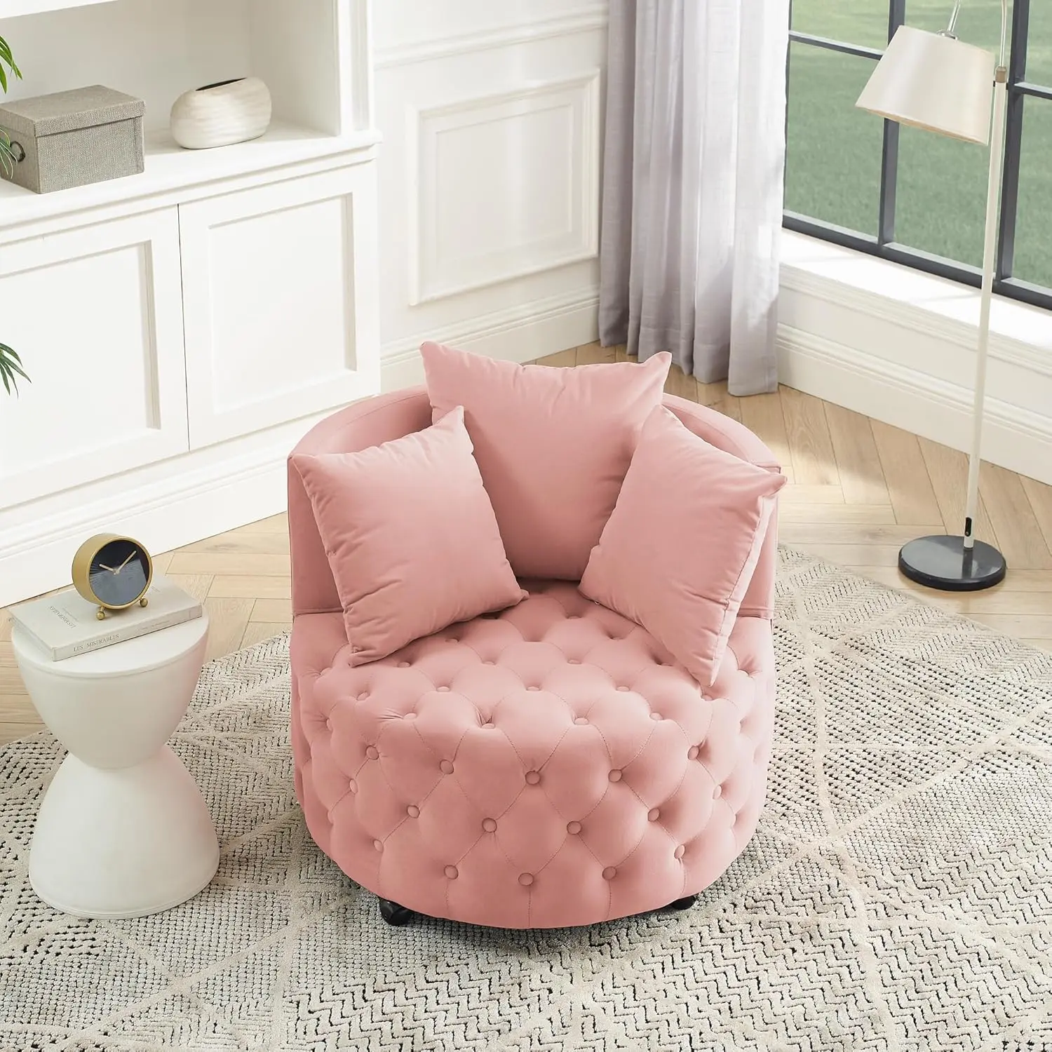 Swivel Barrel Chair, Velvet, Pink, Modern Glam, Chair with 3 Pillows ...