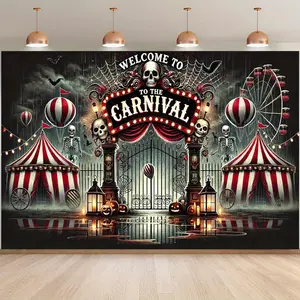 1pc 2D Flat Carnival Entrance Photography Backdrop - Vibrant Polyester Fiber Party Decoration with Skulls, Ferris Wheel & Lanterns for Costume Balls, Studio Props & Themed Events, Carnival Theme Banners White