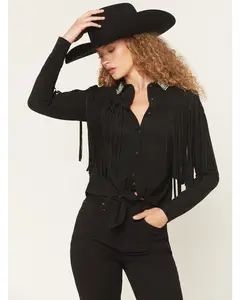 Twinpines Faux Suede Fringe Embellished Long Sleeve Button-Down Western Shirt