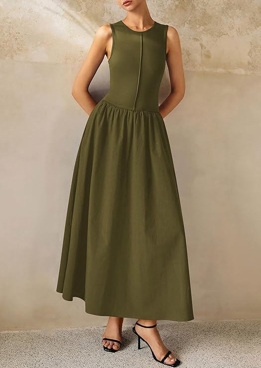 PrettyGarden Maxi Dresses for Women Summer Casual Sleeveless Patchwork Flowy Vacation Sundress Knit Long Work Tank Dress