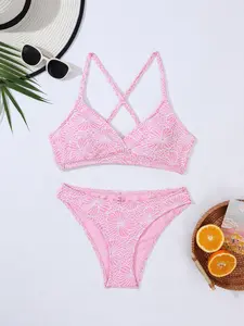 Two-Piece Set Women's Floral Print Bikinis Criss Cross Tie Back Bikini Set, Chic Sleeveless Spaghetti Strap Swim Top & Swim Thong Swimsuit Set, Ladies Swimwear for Beach Holiday Vacation