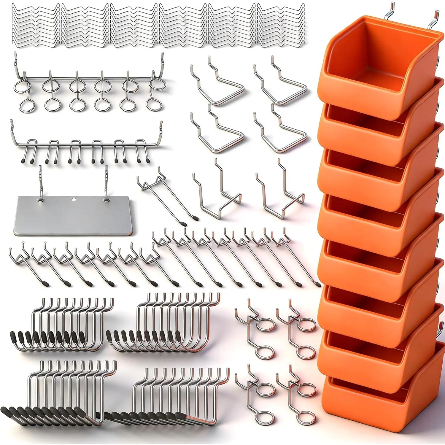 150 PCS Pegboard Hooks Assortment Kit – 15 Types Heavy Duty Pegboard Accessories with Bins – Fits 1/8 & 1/4 Inch Pegboard Metal Hooks for Garage, Workshop, and Tool Organization