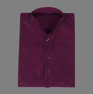 Wine-colored kurta, exquisitely adorned with full thread embroidery.