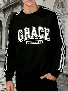 Autumn Winter Drawstring Round Neck College Style Long Sleeve Sweatshirt, Grace Text Graphic Print, Casual Loose Fit Pullover