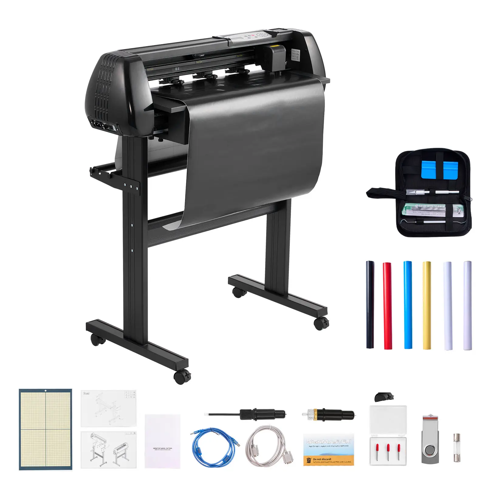 Vinyl Cutter Machine, 28 inch Max Feed Width, Dual Blades, Adjustable Force and Speed, LED Display, Vinyl Plotter Cutter Printer Bundle with Sticker Sheets, Transfer Film, Signmaster Software