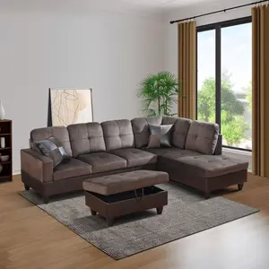 Dark Brown Flannel And PVC 3-Piece Couch Living Room Sofa Set