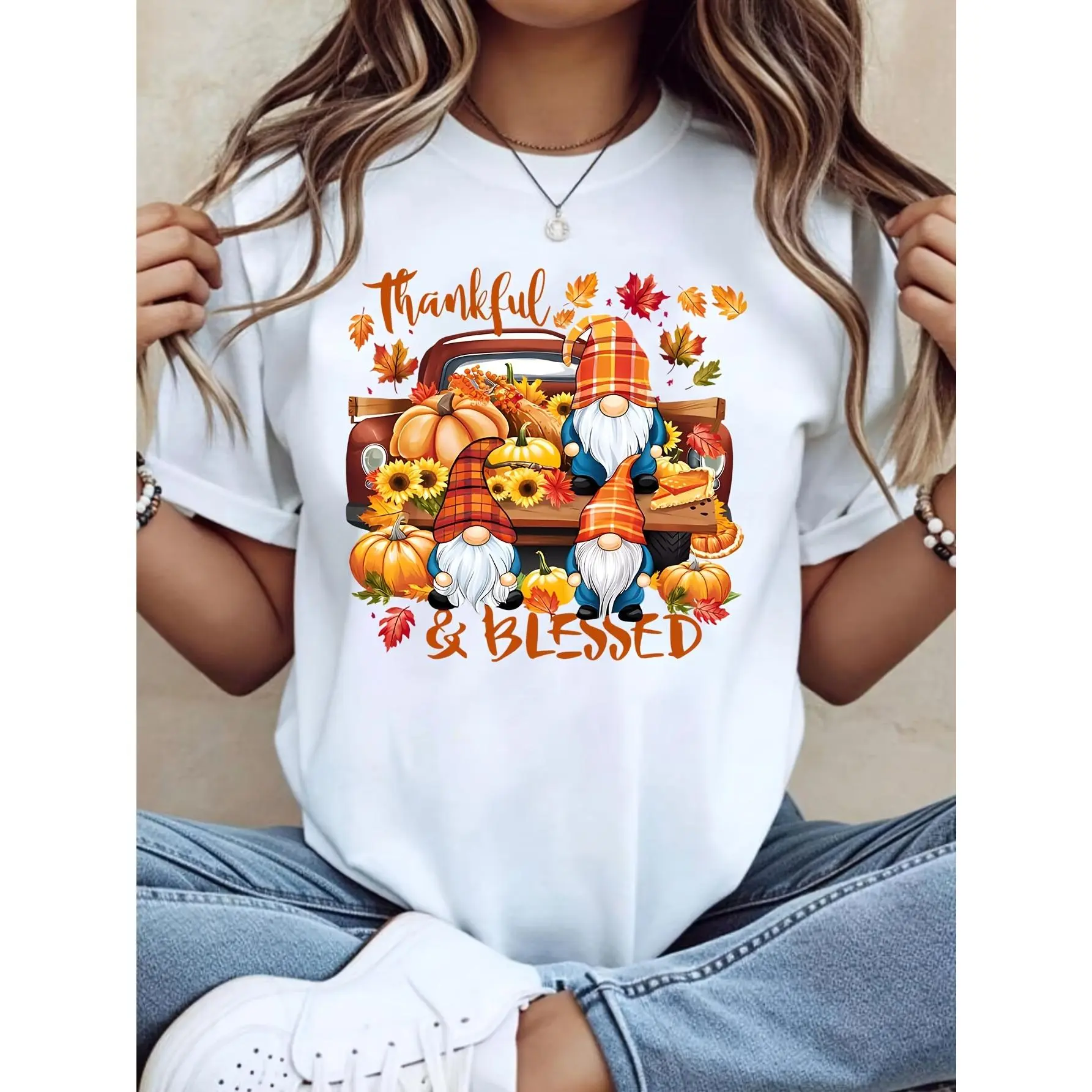Women's Cotton Oversized Flat Short-Sleeve Tee - Autumn Gnome Pumpkin Truck Graphic, Thankful Blessed Fall Thanksgiving Theme Gift for Mom