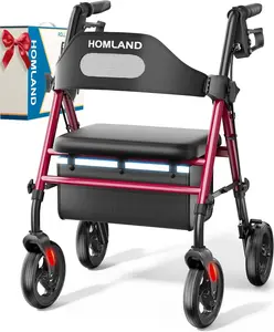 Foldable Rollator Walkers with Seat for Seniors, 8'' Big Wheels, 350 lb. Weight Capacity, Adjustable Handles and Seat Height, Lightweight Rolling Walker, Red