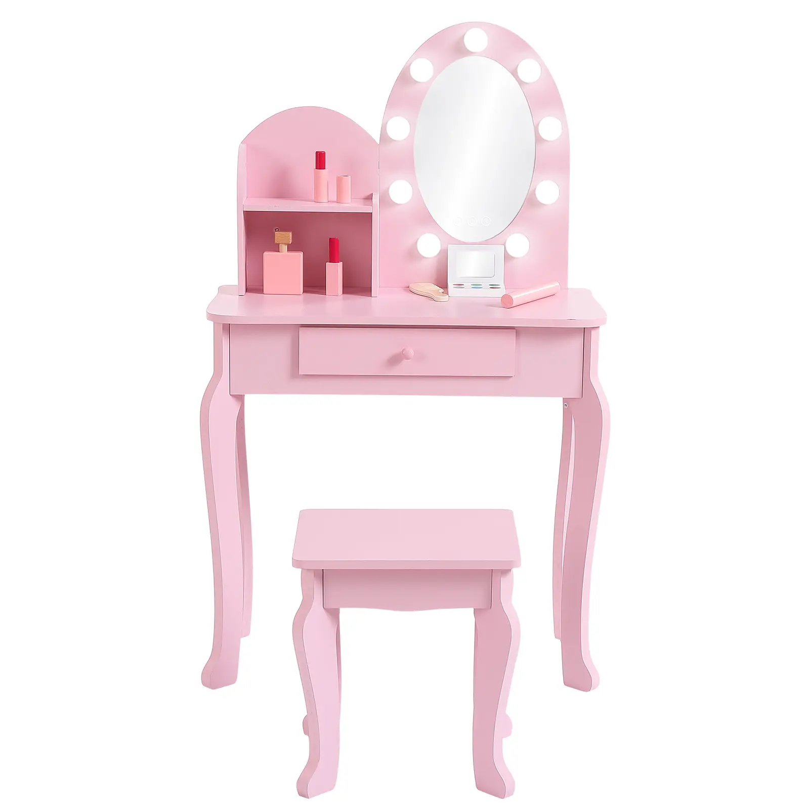 Lighted Mirror Kids Vanity Table Set – White Wooden Princess Makeup Desk with Stool, Storage Drawer & Open Shelves, Perfect for Girls Bedroom or Playroom, Ages 4-9, Vanity Desk, Makeup Vanity Desk, Round Mirror