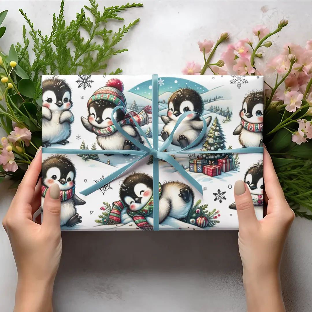 Adorable Penguin Holiday Wrapping Paper | Cheerful Winter Design | Sizes 30x36, 30x72, 30x180 | Perfect for Christmas Gifts