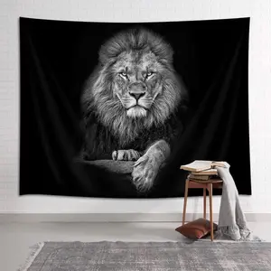 Lion Tapestry Wild Animal African Lion on Black Background Polyester Fabric Wall Hanging for Bedroom Living Room Dorm Room Decor Gift Colorful Decoration Items
