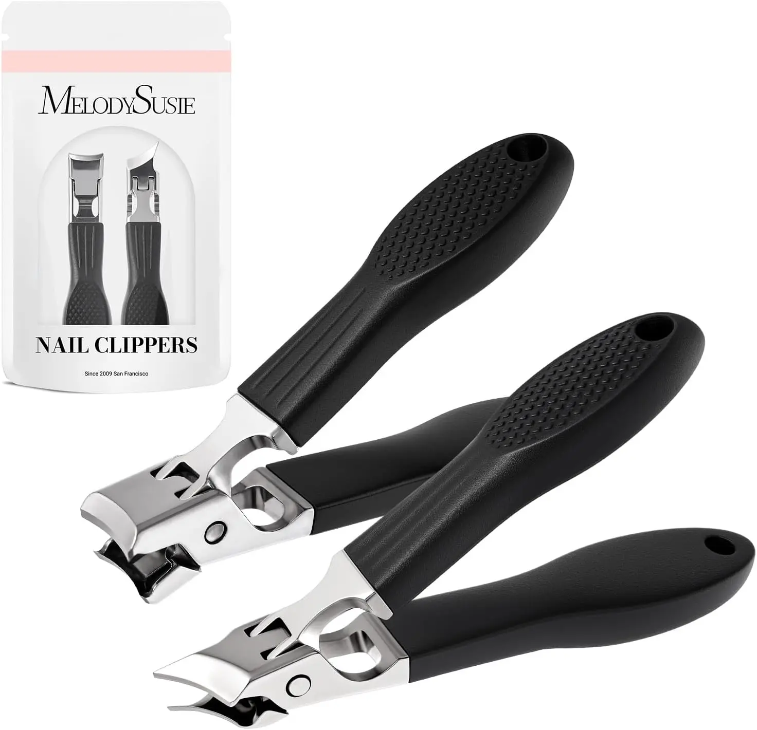 MelodySusie Wide Jaw Opening Nail Clippers Set for Seniors Thick Nails, Anti-Splash Curved and Slanted Nail Clippers for Men Women, Fingernail Cutter with Catcher