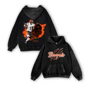 Ja'Marr Chase #1 Bengals Casual Washed Hoodie | Route Runner Elite Gear, Who Dey Fan Pride, Retro Fade Highlight Edition
