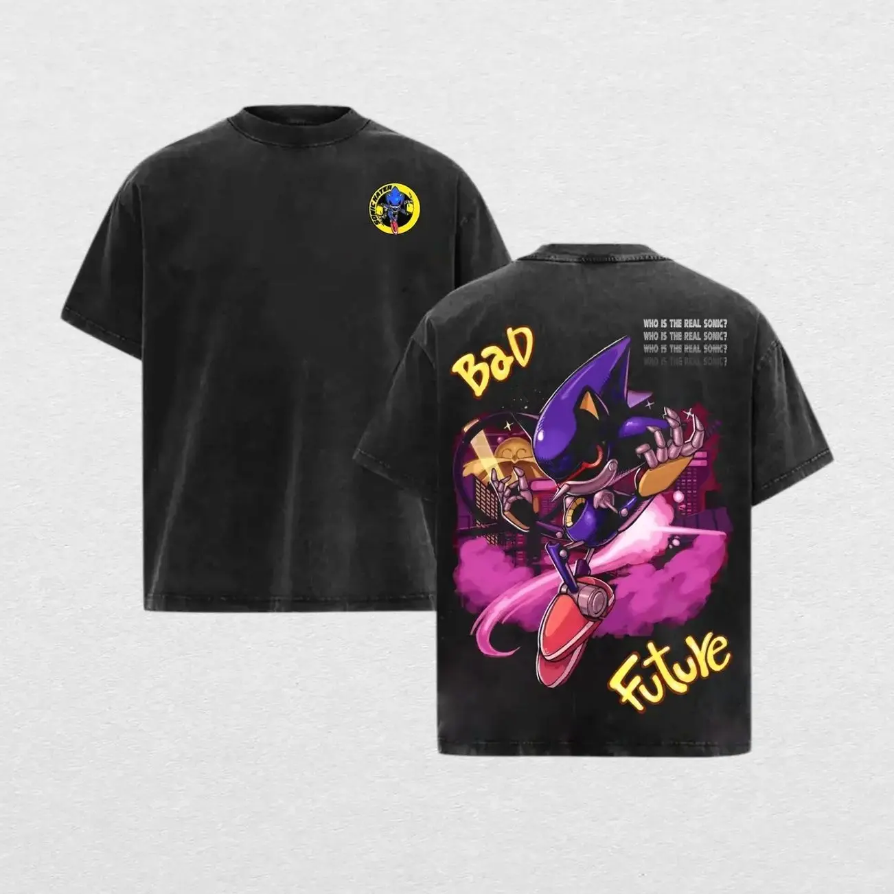 Metal Sonic Bad Future T-Shirt – Sonic the Hedgehog Villain Graphic Tee, Cyberpunk City Design, Vintage Washed Oversized Shirt, Heavy Cotton Streetwear, Unisex E4S