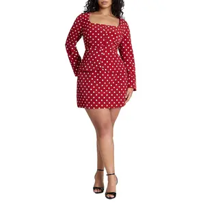 ELOQUII Women's Plus Size Square Neck Long Sleeve Printed Mini Dress
