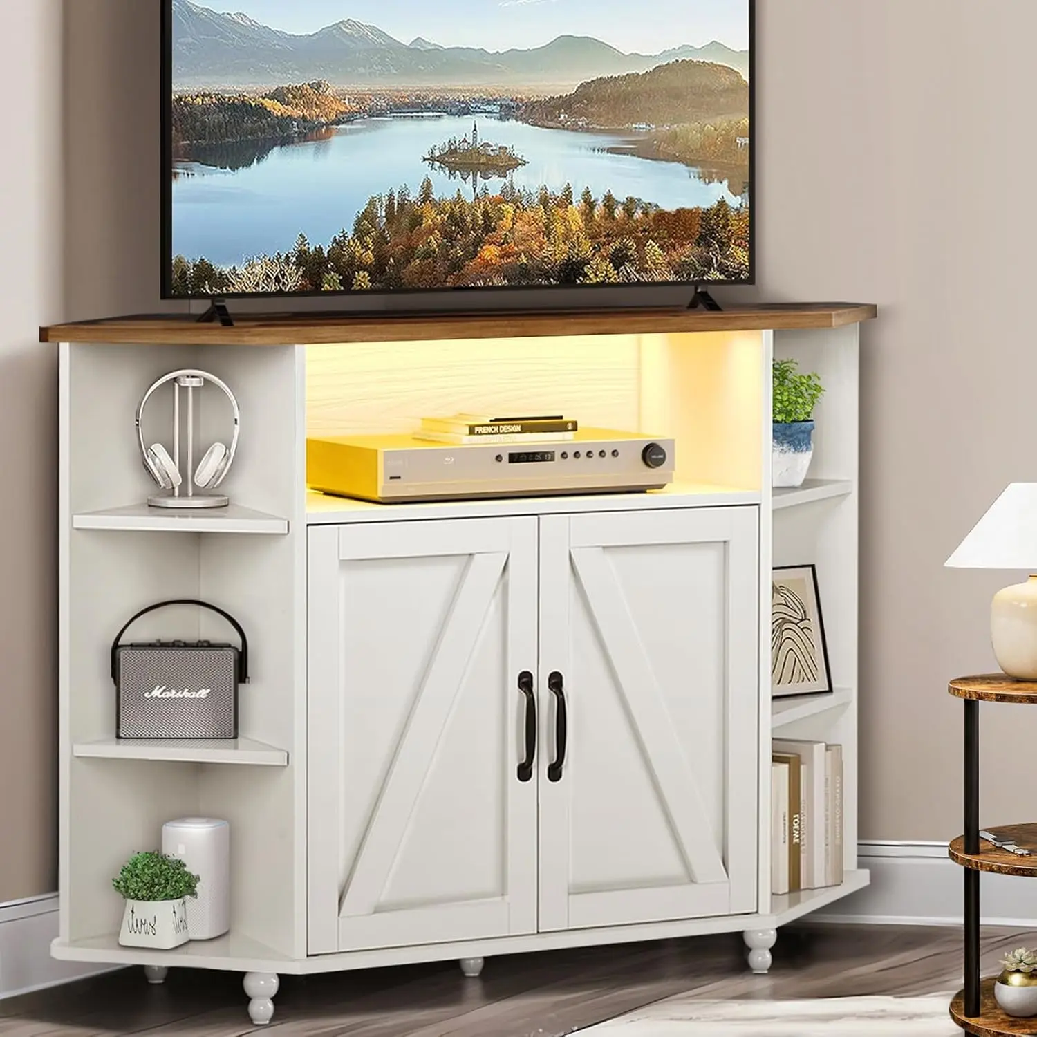 [SummerSale] HOMBCK Modern Farmhouse Corner TV Stand, Up to 55 Inch, Entertainment Center with Adjustable Shelves for Living Room #home essentials#back to school
