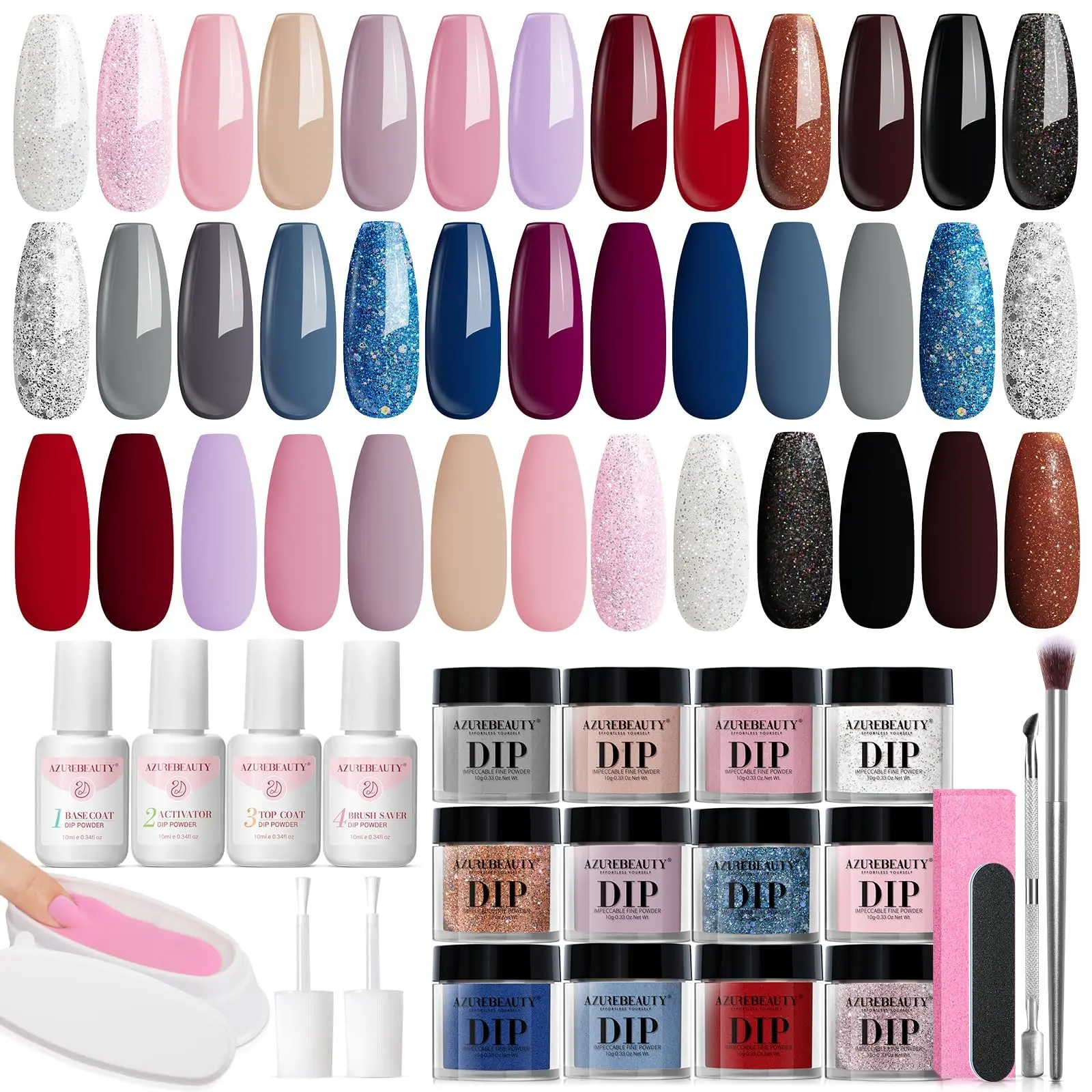 AZUREBEAUTY 31-Piece Dip Powder Nail Kit Starter Set with 20 Colors, Base Coat, Top Coat, and Activator for DIY French Manicure & Nail Art, Dip Powder Nails Glitter Polish