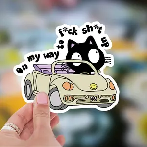Humorous 'On my way to F*ck shit up' Design Sticker featuring Cat Driving Car - 3 Inch Size