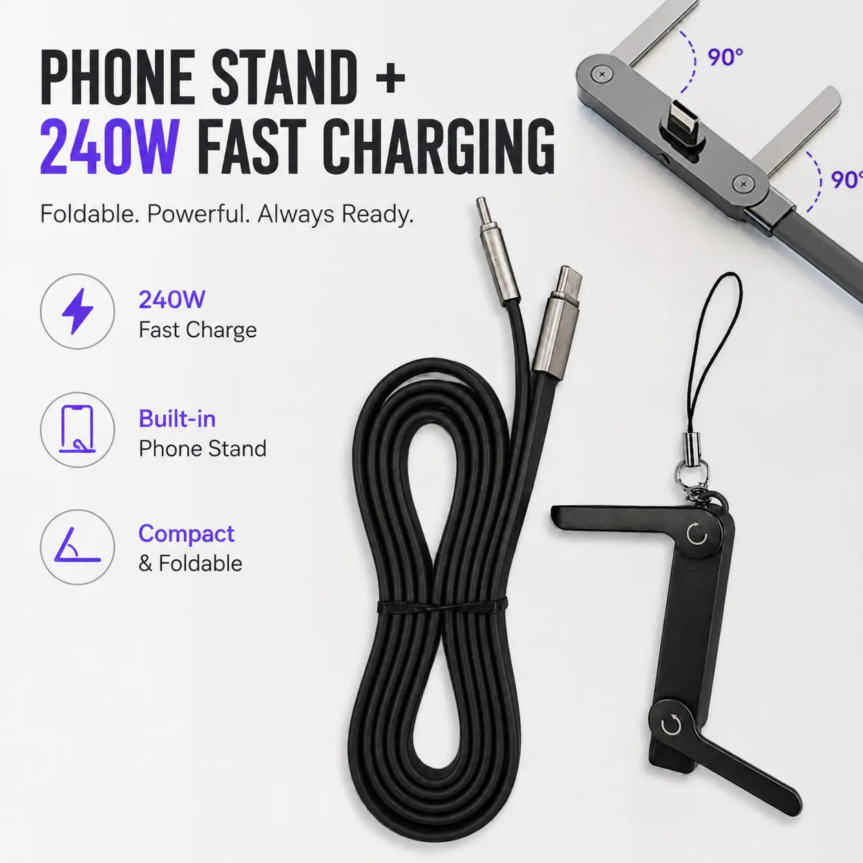 240W USB-C Fast Charging Cable with Foldable Phone Stand Adapter, 2-in-1 Silicone Charging & Data Transfer Cord for Smartphones, Tablets, Gaming and Office Use Folding Portable