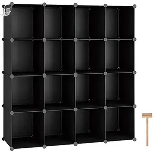 Cube Storage Organizer 16-Cube Shelves Units Plastic Storage Cubes DIY Closet Organizer Modular Storage Shelves Ideal for Home Bedroom, 48.4" L × 12.4" W × 48.4" H Black SUM3016H