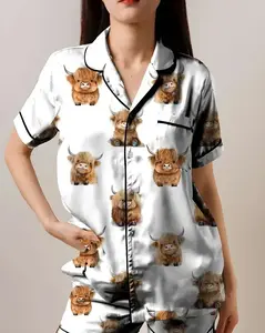 Highland Cow Satin Pajama Set – Cute Farm Animal Sleepwear for Cow Lovers, Cute Cow Satin Pajamas, Farm Animal Pajama Set, Highland Cow Lovers Pajamas, Funny Cow Satin Sleepwear, Cow Pattern Pajama Set, Highland Cow Sleepwear Set