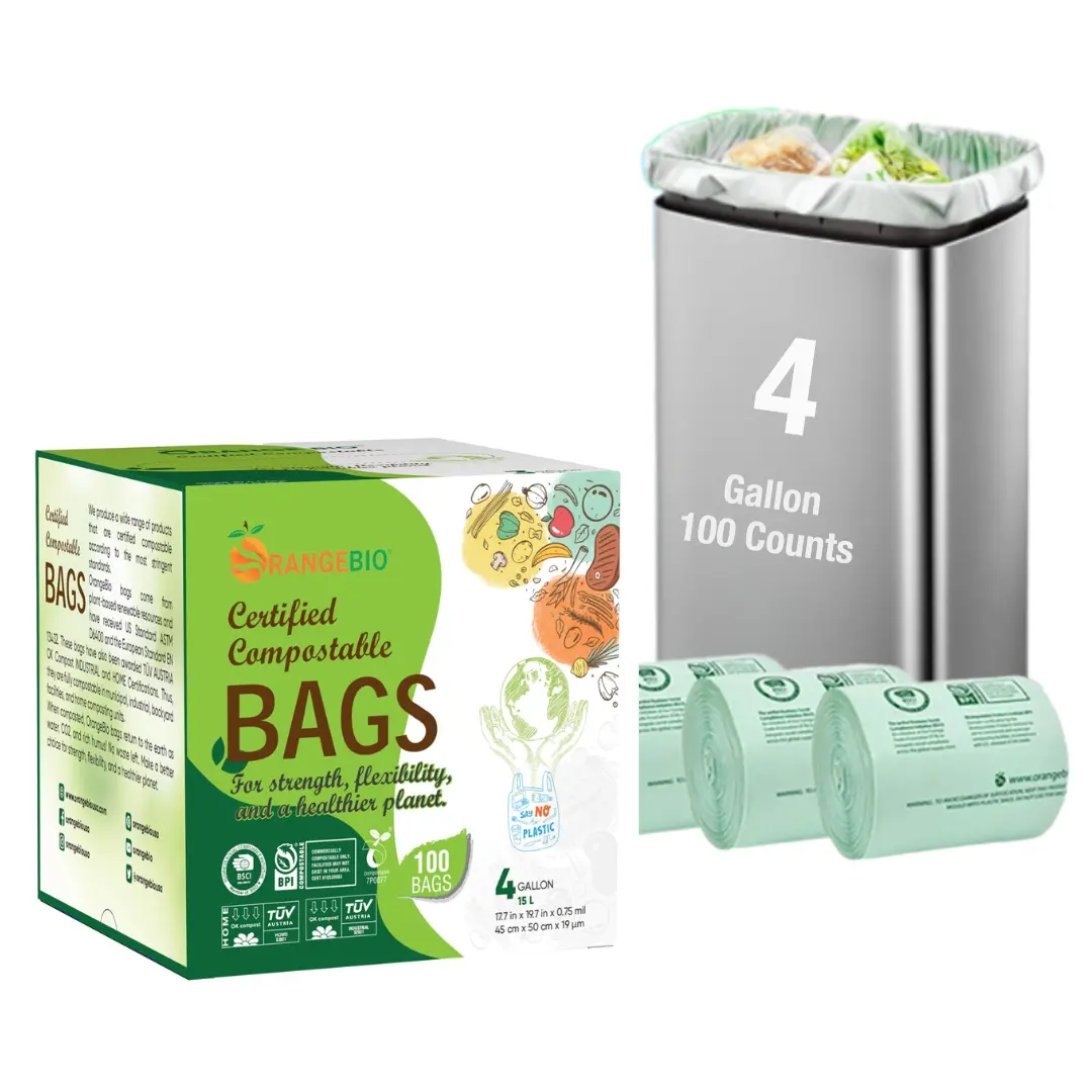 OrangeBio® 4 Gallon Compostable Small Bin Liners, 100 Count, BPI Certified, TÜV OK Compost HOME