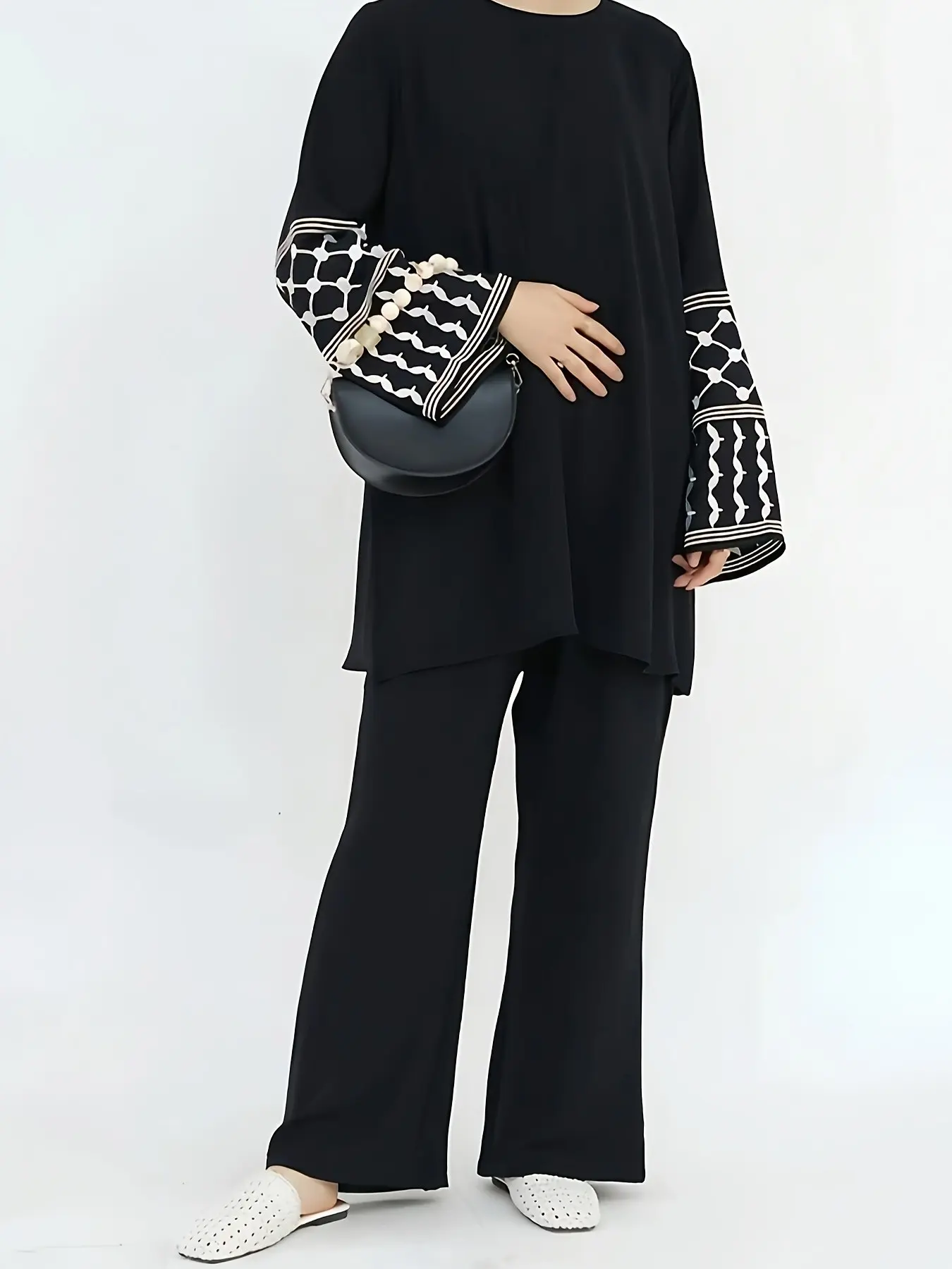 Women's Plain Round Neck Long Sleeve Top & Pants Set, Arabic Style Fairycore Elegant, Ladies 2-Piece Vacation Wear