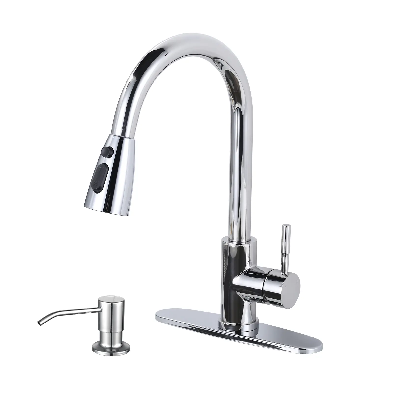 WOWOW Traditional French Country Rustic Classic Chrome Lead-Free Stainless Steel Kitchen Faucet - 9.6" Deck Plate, 16-Inch High Arc Single Handle Pull-Down/Pull-Out Ceramic Spray Tap, 17-Oz Soap Dispenser, Fits 2/4 Hole Sinks, Multiple Water Modes